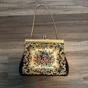 Small Needlepoint Vintage Clutch Purse Gold Trim